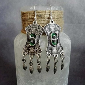 Ethnic Silver Plated Chandelier Earrings, Boho Green Enamel Earrings, Moroccan Jewelry image 5