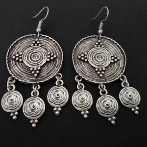 Antique silver chandelier earrings, ethnic dangle spiral earrings, afghan jewelry