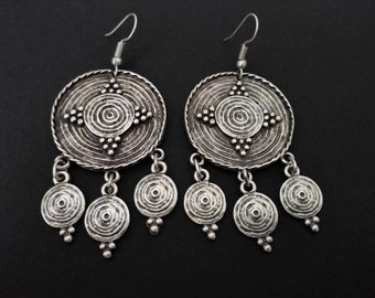 Antique silver chandelier earrings, ethnic dangle spiral earrings, afghan jewelry