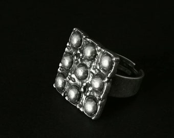 Ethnic Antique Silver Plated Ring, Square Shape Dotted Chunky Ring, Boho Tribal Jewellery