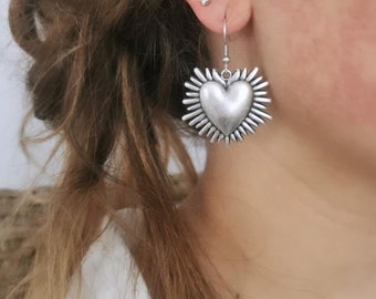 Sacred Heart Charm Earrings, Antique Silver and Gold Plated Symbol