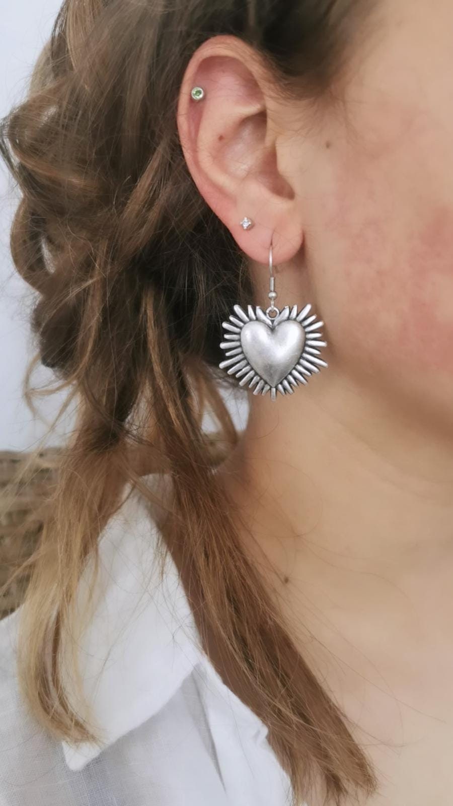 Orecchini A Bottone DAOMEI In Argento 925 Con Croce Sacro Cuore, Gioielli Religiosi Vintage