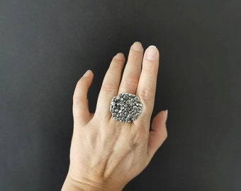 Boho Statement Antique Silver Plated Ring, Round Shape Dotted Chunky Bohemian Ring, Ethnic Jewellery