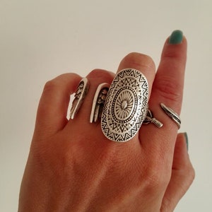 Silver Plated Statement Mandala Ring, Antique Silver Plated Ethnic Adjustable Ring, Boho Chic Jewelry
