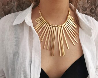 Boho Gold Plated Fringe Charm Statement Necklace,  Bohemian Chunky Bib Necklace, Ethnic Jewelry COA11