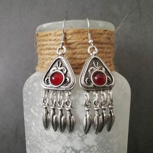 Antique silver chandelier afghan earrings, ethnic dangle statement red glass earrings, bohemian jewelry