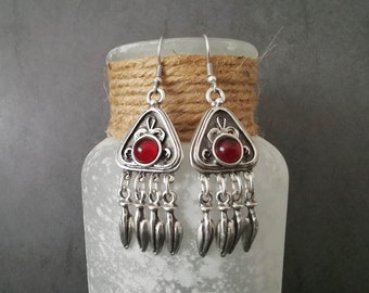 Pendientes afganos de araña de plata antigua, pendientes de vidrio rojo de declaración colgante étnico, joyas boho