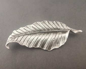 Antique Silver Plated Textured Large Leaf Brooch Shawl Pin , Botanical Jewelry