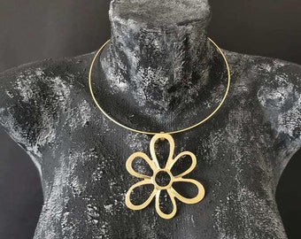 Gold Plated Statement Necklace, Fancy Large Flower Pendant Choker, Boho Matte Gold Plated Chunky Necklace