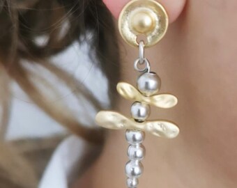 Two tone stud earrings, mixed metals abstract dragonfly beaded dangle earrings C21