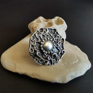 Antique Silver Plated Statement Ring, Adjustable Ring, Boho Chic Engraved Ring, Ethnic Jewelry