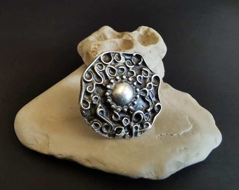 Antique Silver Plated Statement Ring, Adjustable Ring, Boho Chic Engraved Ring, Ethnic Jewelry