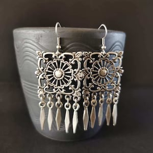 Tribal statement filigree chandelier earrings, silver plated ethnic dangle earrings, ethnic jewelry