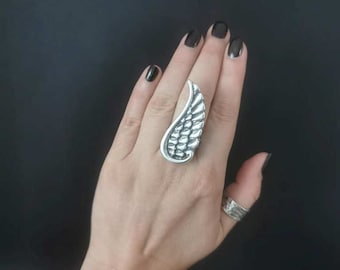 Angel Wing Ring: Silver Plated Adjustable Statement Ring, Boho Spiritual Jewelry