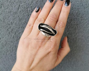 Molten Silver Plated Brass Bold Ring: Abstract Organic Shape Statement Ring, US Size 9