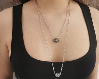 Layered Antique Silver Plated Bead Necklace: Engraved Boho Charm Necklace COZ48