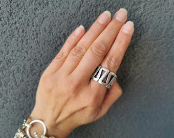 Chunky Zigzag Silver Ring, Wide Band Geometric Cut Out, Bold Unisex Statement Jewelry