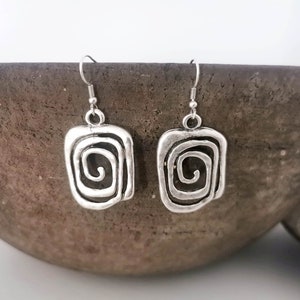 Boho Silver Plated Square Shape Dangle Earrings, Ethnic Spiral Earrings, Ethnic Jewelry CZ9