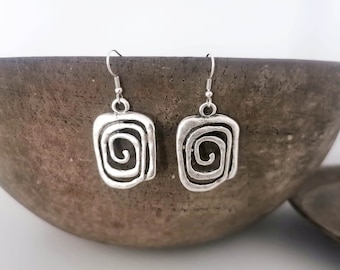 Boho Silver Plated Square Shape Dangle Earrings, Ethnic Spiral Earrings, Ethnic Jewelry CZ9