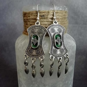 Ethnic Silver Plated Chandelier Earrings, Boho Green Enamel Earrings, Moroccan Jewelry image 1