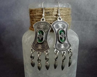 Ethnic Silver Plated Chandelier Earrings, Boho Green Enamel Earrings, Moroccan Jewelry