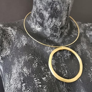 Gold Plated Statement Necklace, Fancy Large Circle Pendant Choker, Boho Matte Gold Plated Chunky Necklace