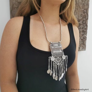Antique silver statement necklace, oversized silver plated coin collar,  bohemian chunky bold necklace, ethnic afghan jewelry COZ21