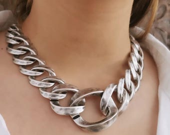 Chunky Cuban Link Chain Necklace • Oversized Oxidized Silver Plated Choker • Bold Statement Jewelry COA10