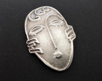 Antique Silver Plated Human Face Brooch, Ethnic Jewelry, Silver Plated Shawl Pin