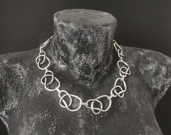 Silver Plated Abstract Free Form Bold Knotted Link Chain Necklace, Fancy Bohemian Choker Necklace, Minimalist Contemporary Jewellery