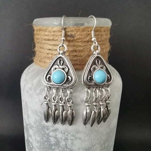 Turquoise chandelier earrings, silver plated dangling statement earrings, boho jewelry image 3