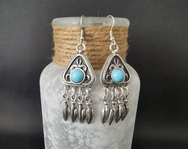 Turquoise chandelier earrings, silver plated dangling statement earrings, boho jewelry image 3