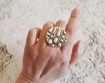 Boho Statement Antik Silverpläterad Ring, Abstrakt Geometrisk Grov Rund Boho Ring, Etniska Smycken