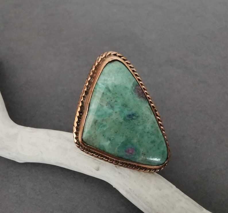 Boho Witchy Stone Ring Copper Charm Jewelry Handmade Romantic Gift Women Valentine Jewelry Copper Piece Sea Green Turquoise Beads Ruby Zoisite Bohemian Statement Accessory Hammered Texture Design Open Ring Artisan Crafted