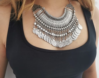 Antique silver statement necklace, oversized silver plated coin collar,  bohemian chunky bold necklace, ethnic afghan jewelry COZ16