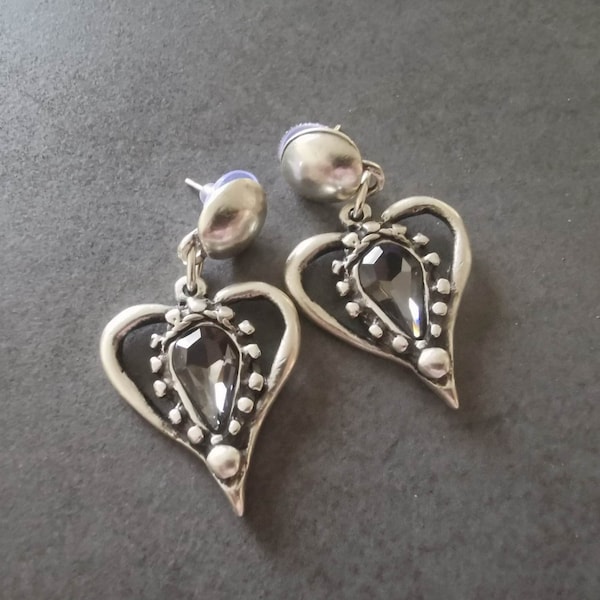 Art Nouveau Grey Crystal Glass Heart Shape Dangle Earrings, Antique Silver Plated Vintage Look Stud Earrings