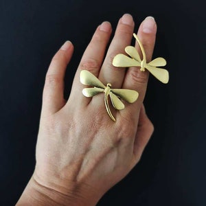 Bohemian Matte Gold Plated Dragonfly Statement Ring, Ethnic Adjustable Ring, Boho Jewelry