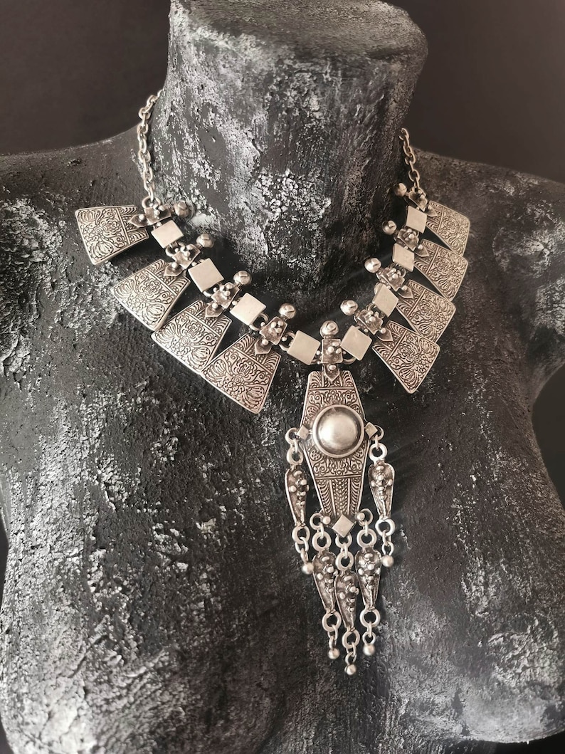Collar de declaración étnica, collar boho plateado antiguo, joyas de inspiración afgana tribal COZ12 imagen 2