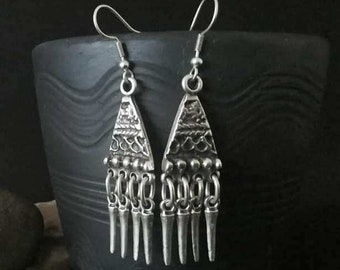 Tribal Chandelier Dangle Earrings, Boho Antique Silver Plated Earrings, Bohemian Ethnic Jewellery