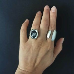 Può includere: Due anelli d'argento su una mano. L'anello sull'indice ha una grande pietra nera di forma ovale. L'anello sul medio è una semplice fascia aperta.