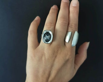 Dikke antieke zilvergrijze kristallen ring, glamour minimalistische rechthoekige vorm verstelbare ring, verjaardagscadeau