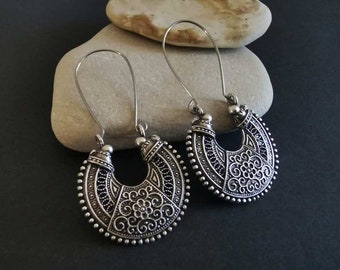 Pendientes de aro antiguos chapados en plata, joyería tribal bohemia