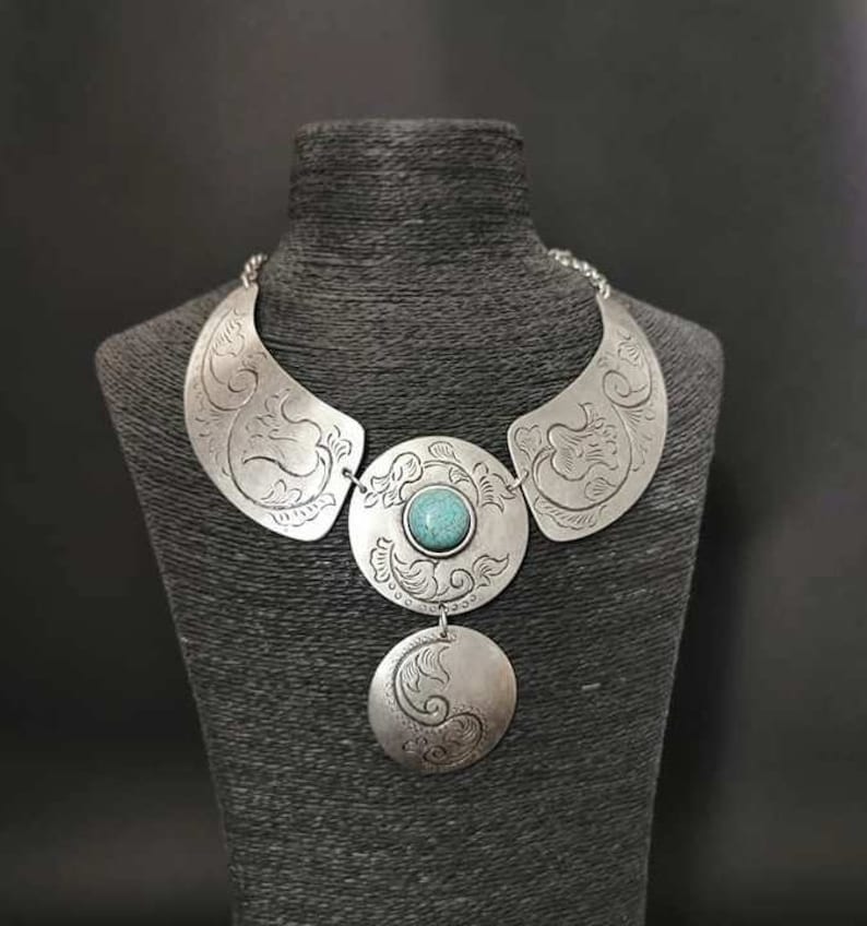Ethnic Statement Necklace Antique Silver Plated Engraved Boho Chic Chunky Bib Necklace Tribal Turquoise Jewelry