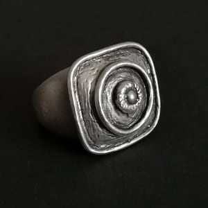 Antique silver signet statement ring, large ethnic style square ring, chunky spiral engraved adjustable open ring