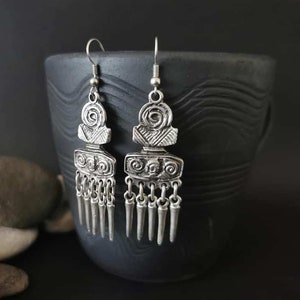 Tribal Chandelier Dangle Earrings, Boho Spiral Antique Silver Plated Earrings, Bohemian Jewellery