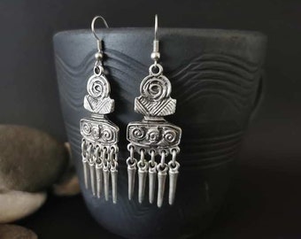 Tribal Chandelier Dangle Earrings, Boho Spiral Antique Silver Plated Earrings, Bohemian Jewellery