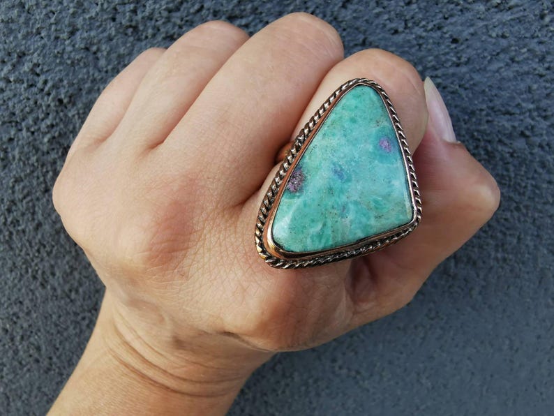Copper Ruby Zoisite Ring Adjustable Triangle Gemstone Statement Boho Earthy Jewelry image 7