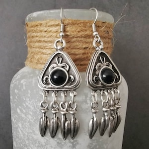 Antique Silver Chandelier Earrings, Ethnic Dangle Statement Black Earrings, Bohemian Jewelry