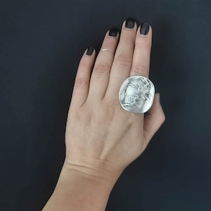 Boho Antique Silver Plated Round Statement Ring, Stylish Dainty Adjustable Ring, Abstract Jewellery