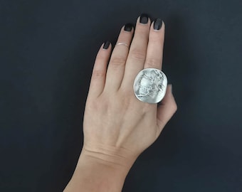 Boho Antik Silverpläterad Rund Statementring, Snygg Fin Justerbar Ring, Abstrakta Smycken